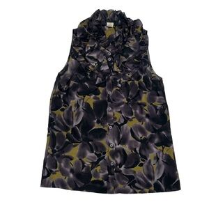 J. Crew Gray Silk Floral Sleeveless Ruffled Blouse Size 2 Women’s